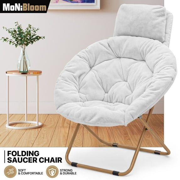 MoNiBloom Folding Moon Chairs with Pillow, Portable Accent Chairs with Metal Frame, Saucer Chair for Bedroom Living Room, White