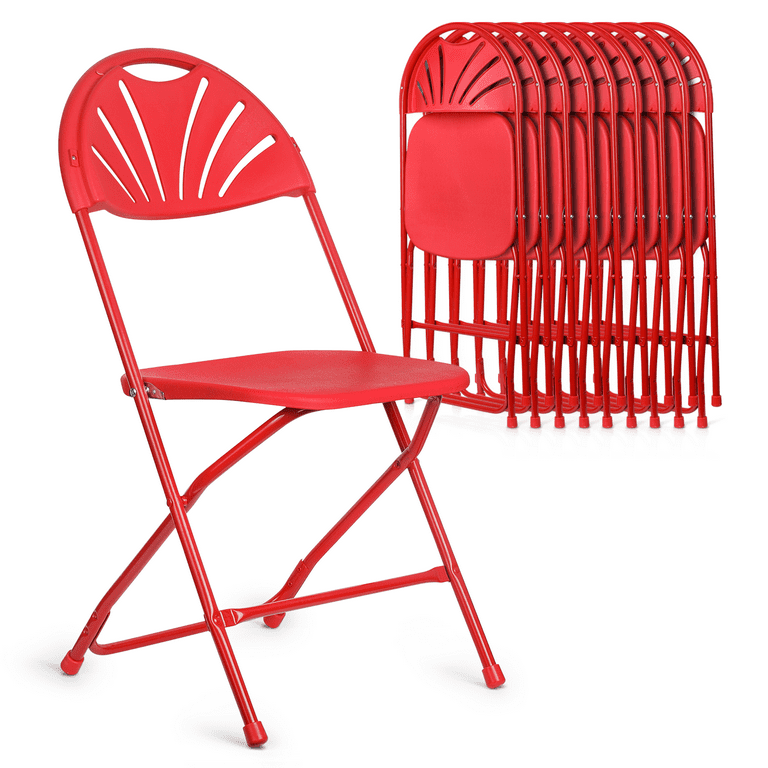 MoNiBloom Folding Plastic Chair 10 Pack Portable Commercial Seat with Fan Back for Wedding Camping Red