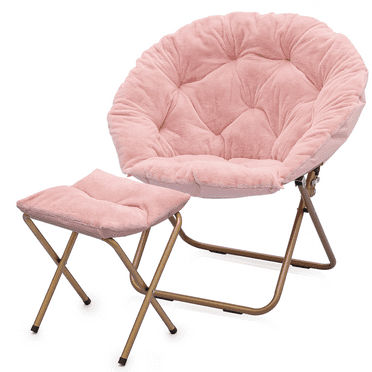 MoNiBloom Folding Saucer Chair with Ottoman, Faux Fur Moon Chair and Footrest with Metal Frame, Foldable Lounge Chair and Foot Stool Set, Pink