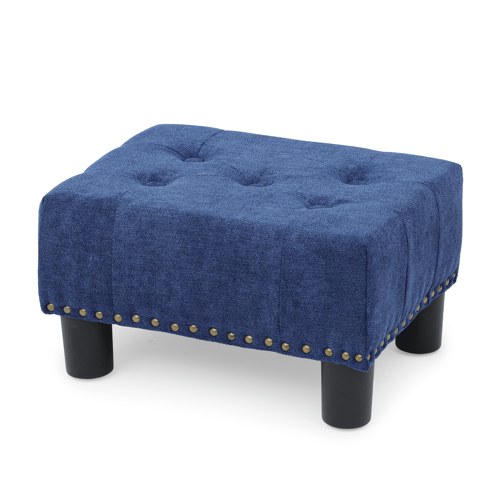 Navy Blue Velvet Square Footstool Ottoman with Nailhead Trim