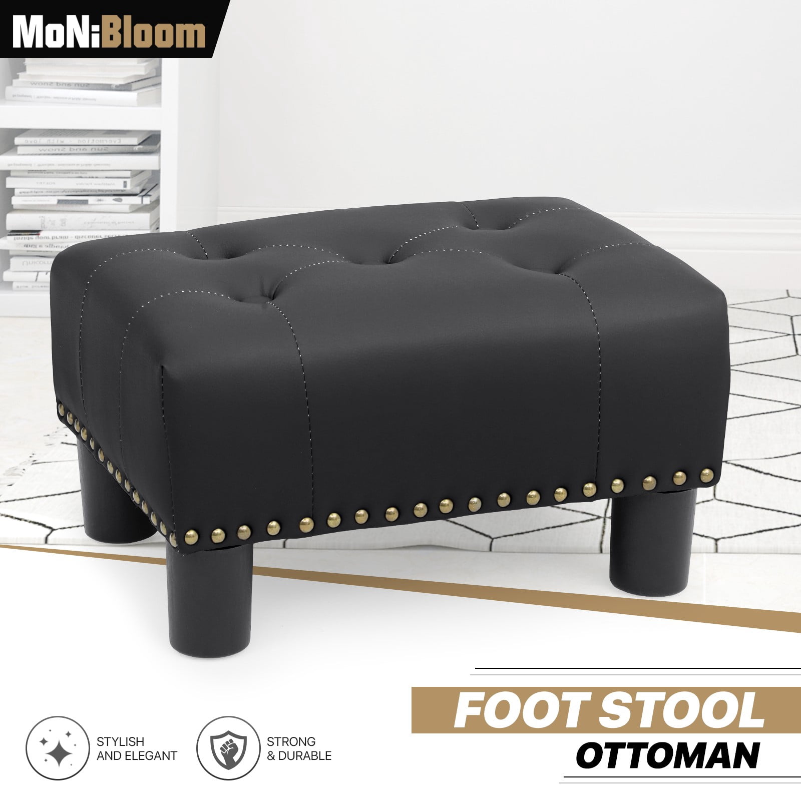 MoNiBloom Footstool Ottoman with Padded Seat, Modern PU Leather Footrest, Rectangular Seat Stool, Black