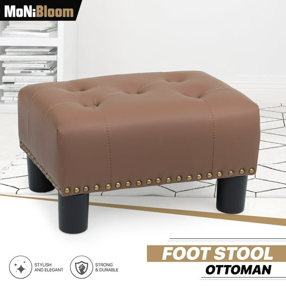 MoNiBloom Footstool Ottoman with Padded Seat, Modern PU Leather Footrest, Rectangular Seat Stool, Brown