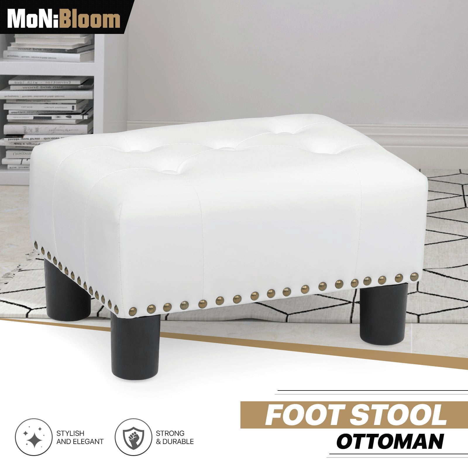 MoNiBloom Footstool Ottoman with Padded Seat, Modern PU Leather Footrest, Rectangular Seat Stool, White