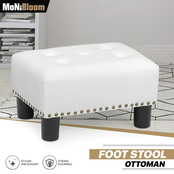 MoNiBloom Footstool Ottoman with Padded Seat, Modern PU Leather Footrest, Rectangular Seat Stool, White