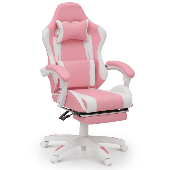 MoNiBloom Gaming Chair, Reclining Computer Chair with Footrest and Lumbar Support, Height Adjustable Office Chair with Swivel Seat and Headrest for Women Girls, Pink/White
