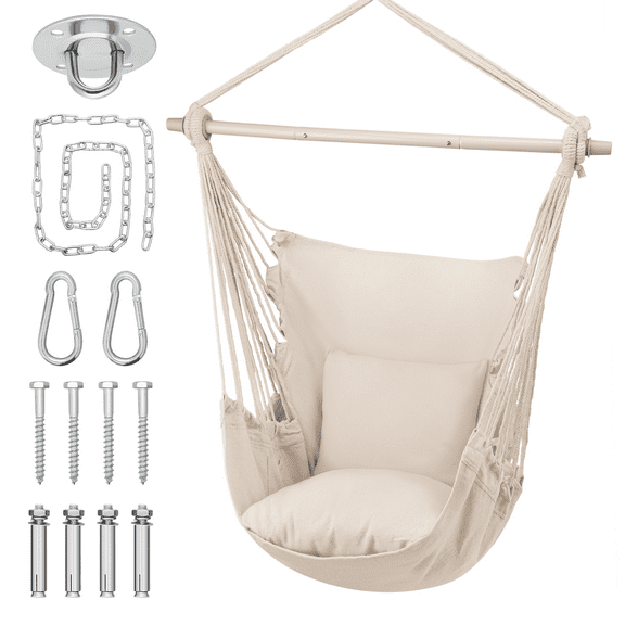 MoNiBloom Hammock Chair Hanging Rope Swing, Max 350lbs, 2 Cushions Included, Large Macrame Hanging Chair with Pocket for Indoor Outdoor, Beige