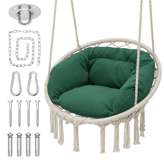 MoNiBloom Hammock Chair, Macrame Hanging Swing Chair with Padded Cushion, Max 350lbs, Hanging Cotton Rope Chair for Indoor, Outdoor, Bedroom, Patio, Porch, Garden, Beige/Green