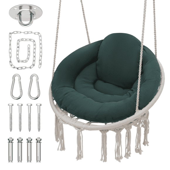 MoNiBloom Hammock Chair, Hanging Swing with Macrame and Cushion, Hanging Cotton Rope Chair for Indoor Outdoor Bedroom Patio Yard Deck Garden and Porch, Max 350 lbs, Beige/Green