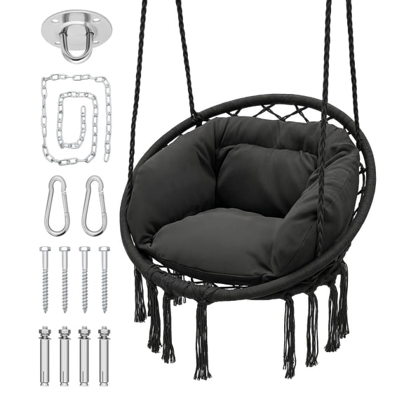 MoNiBloom Hammock Chair, Macrame Hanging Swing Chair with Padded Cushion, Max 350lbs, Hanging Cotton Rope Chair for Indoor, Outdoor, Bedroom, Patio, Porch, Garden, Black