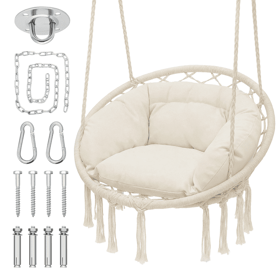 MoNiBloom Hammock Chair, Macrame Hanging Swing Chair with Padded Cushion, Max 350lbs, Hanging Cotton Rope Chair for Indoor, Outdoor, Bedroom, Patio, Porch, Garden, Beige