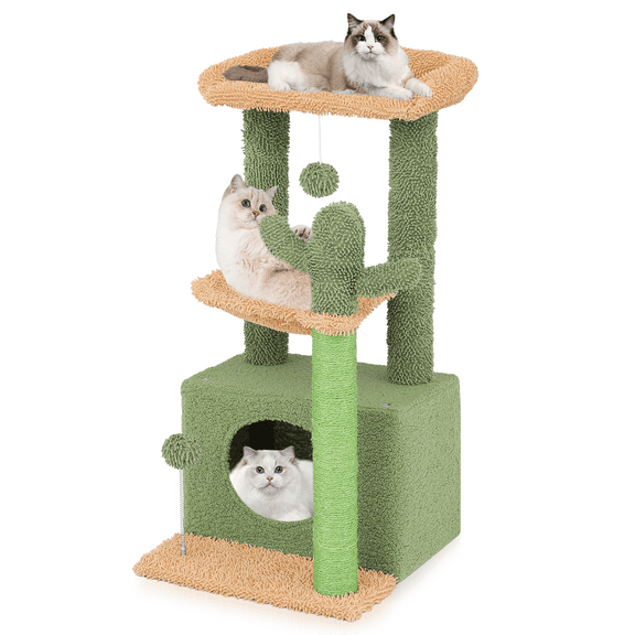 MoNiBloom Indoor Cat Tree Tower, 33.5" Large Cactus Green Cat Tree Condo with Scratching Posts, Perch, Hammock and Window