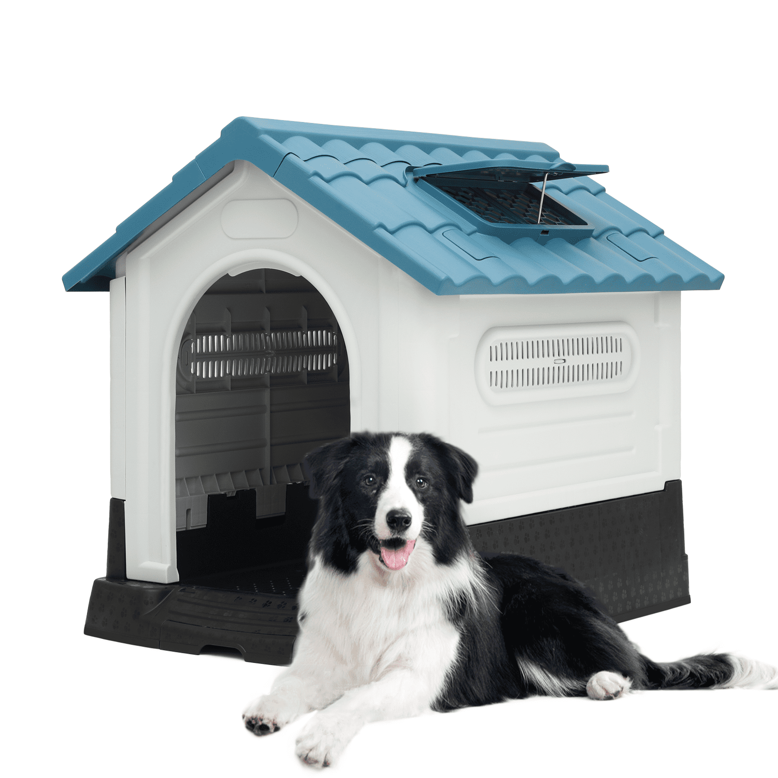 Medium Blue and White Insulated Plastic Dog House with Raised Floor