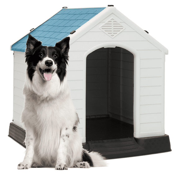 MoNiBloom Large Plastic Dog House Indoor Outdoor Doghouse Dog Kennel Easy to Assemble Puppy Shelter w/Air Vents Elevated Floor Waterproof (Blue,L36.5" W39.0" H39.0" )