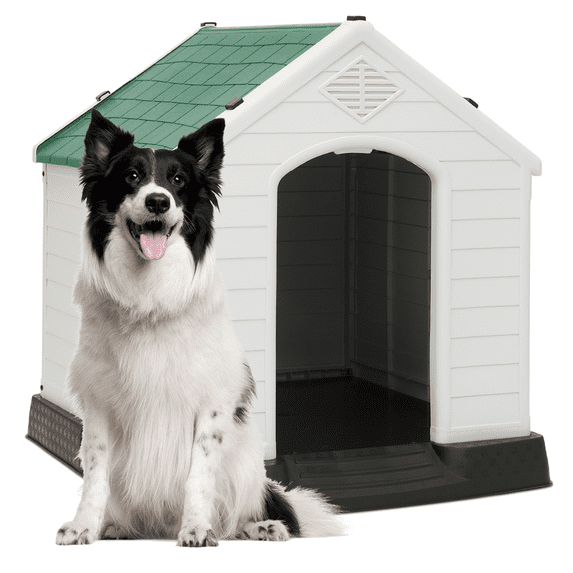 MoNiBloom Large Plastic Dog House Indoor Outdoor Doghouse Dog Kennel Easy to Assemble Puppy Shelter w/Air Vents Elevated Floor Waterproof (Forest Green, L36.5" W39.0" H39.0" )
