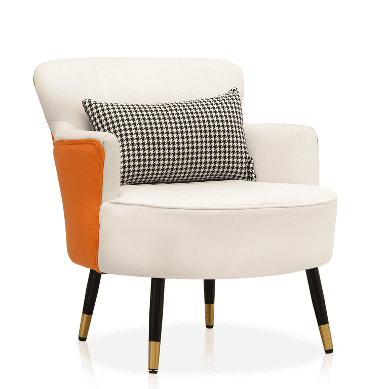 MoNiBloom Leathaire Living Room Arm Chair Modern Accent Chair Upholstered Sofa Chair with Pillow Bedroom Wingback Armchair for Reading White Orange