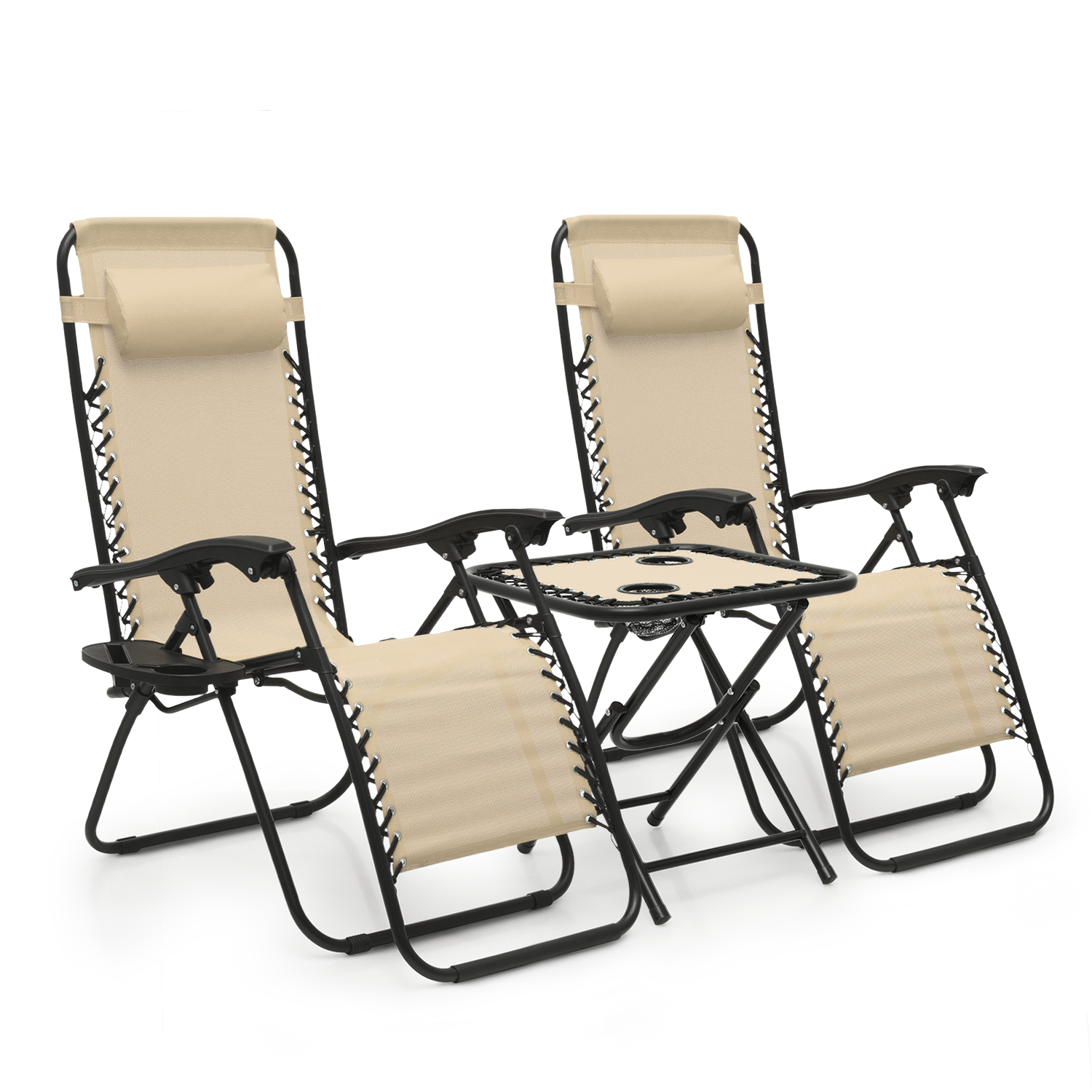 Cream Adjustable Folding Zero Gravity Reclining Patio Set with Table