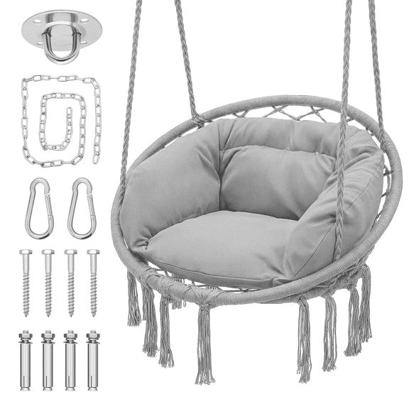 MoNiBloom Hammock Chair, Macrame Hanging Swing Chair with Padded Cushion, Max 350lbs, Hanging Cotton Rope Chair for Indoor, Outdoor, Bedroom, Patio, Porch, Garden, Gray