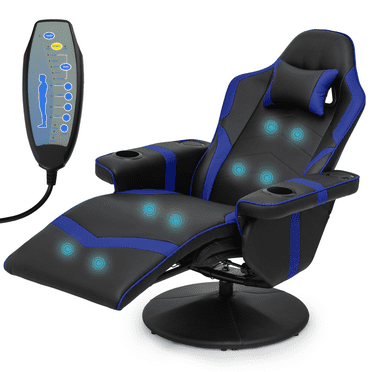 MoNiBloom Massage Gaming Chair with Bluetooth Speakers, Ergonomic Computer Recliner Gaming Chair with Adjustable Backrest Footrest High Back Pillow, Blue