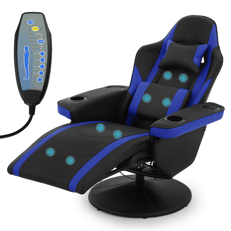 FORCLOVER Blue Leather Reclining Swivel Game Chair with Adjustable Arms and Lumbar Massage Cushion