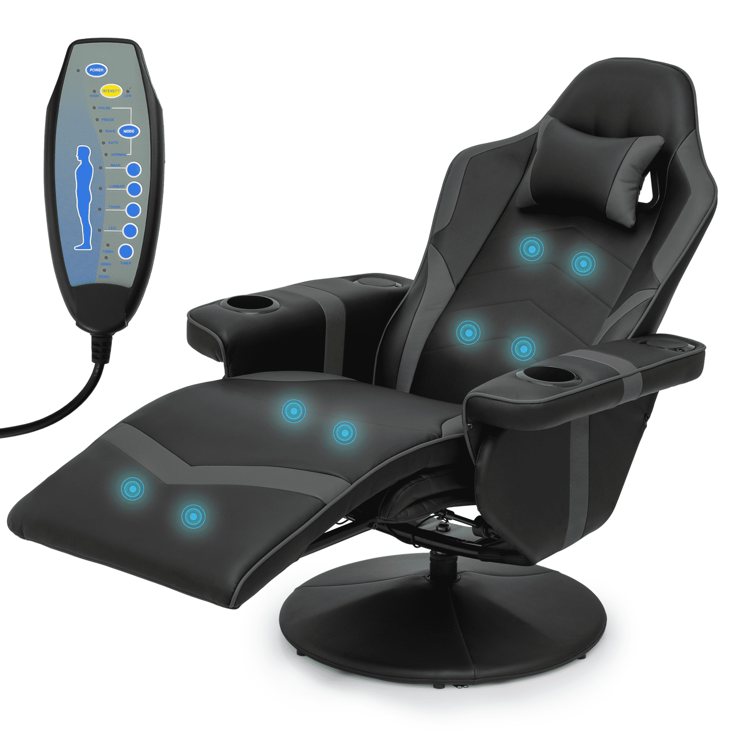 Adjustable Swivel Gaming Chair with Massage Pillow &Footrest, Leather PC Video  Game Chairs,Black 
