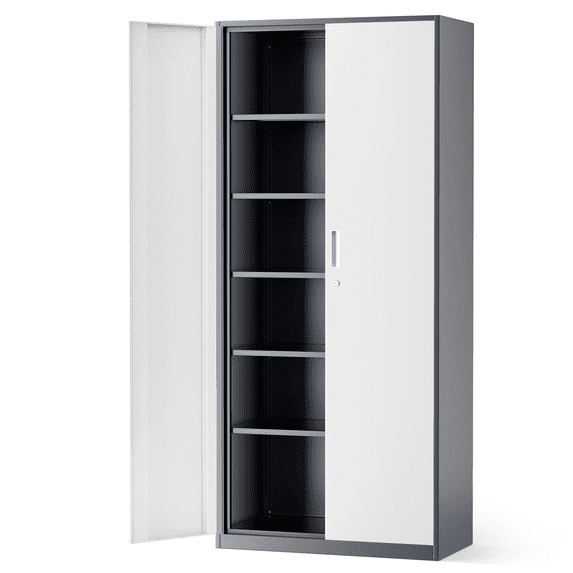 MoNiBloom Metal Storage Cabinet with Locking Door, 71" Garage Storage Cabinet with 6 Adjustable Shelves, Steel Lockable File Cabinet for Office Home, Grey White