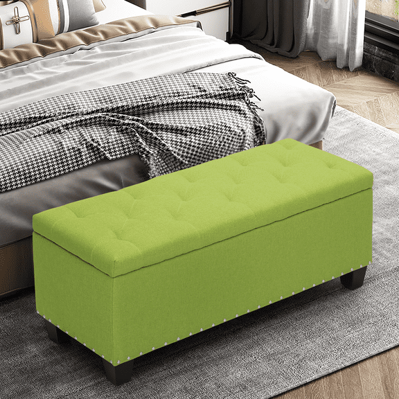 MoNiBloom Microfiber Ottoman with Storage, 42" Upholstered Bench, Footrest Stool with Button-Tufted for Bedroom, Entryway, Living Room, End of Bed, Green