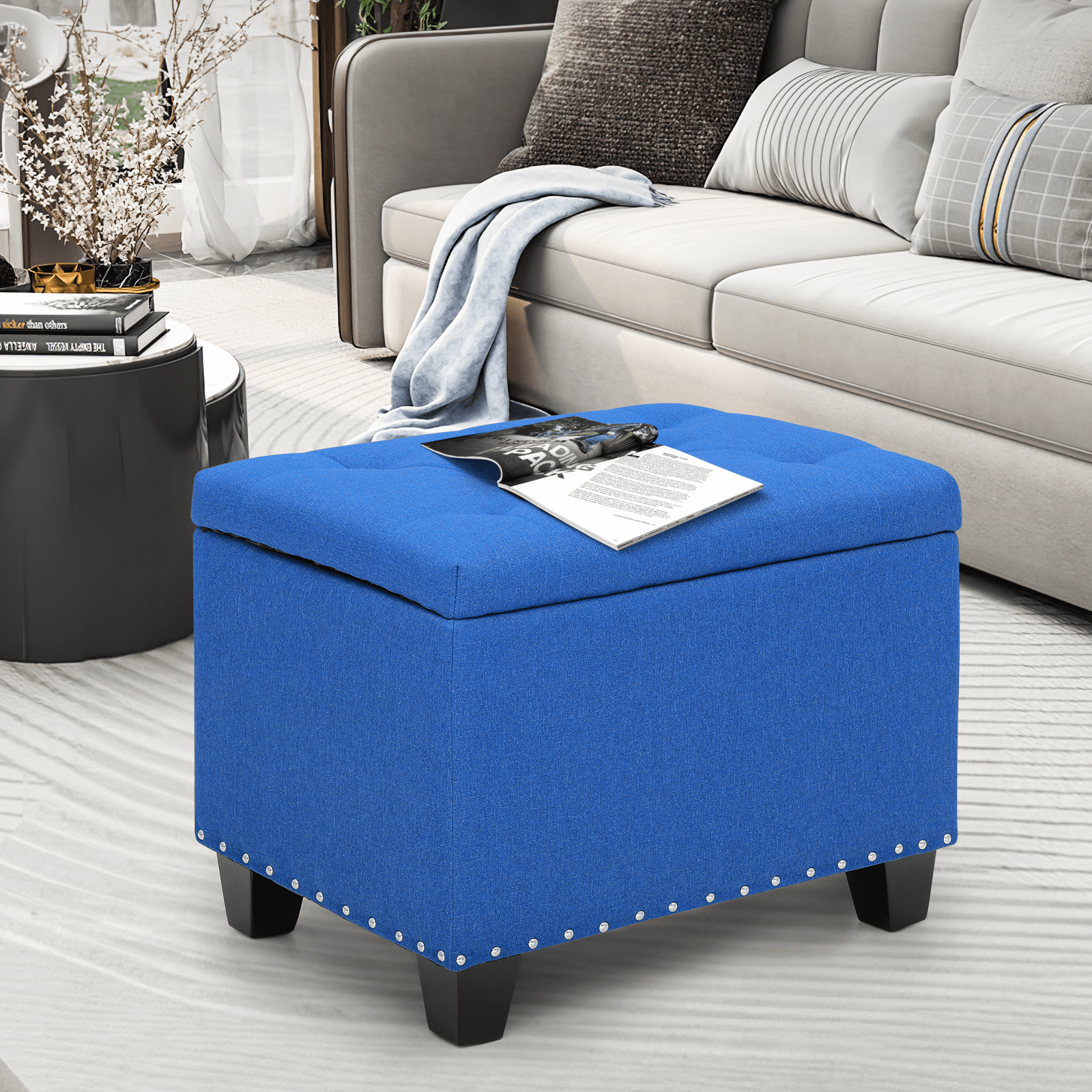 MoNiBloom Microfiber Storage Ottoman with Wooden Legs, Tufted Upholstered Ottoman Couch Bench Chair Footrest Footstool for Living Room Bedroom, Navy Blue