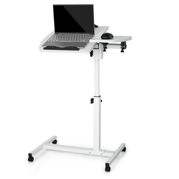 MoNiBloom Mobile Laptop Desk Standing Desk with Wheels & Tilting Tabletop, Height Adjustable Sit Stand Computer Workstation, White