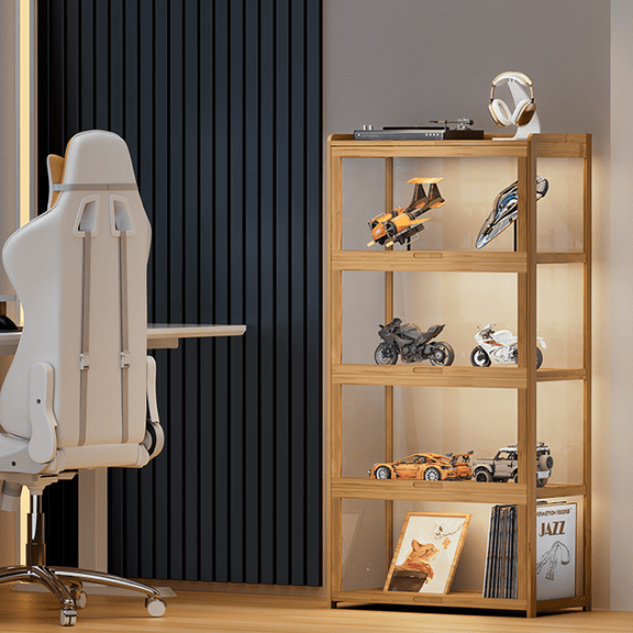 MoNiBloom Modern 55" 4-Tier Transparent Display Cabinet with Acrylic Flip Door, Curio Cabinet Collection Display Case, Floor Standing Showcase Bookshelf for Living Room Bedroom Home Office, Natural