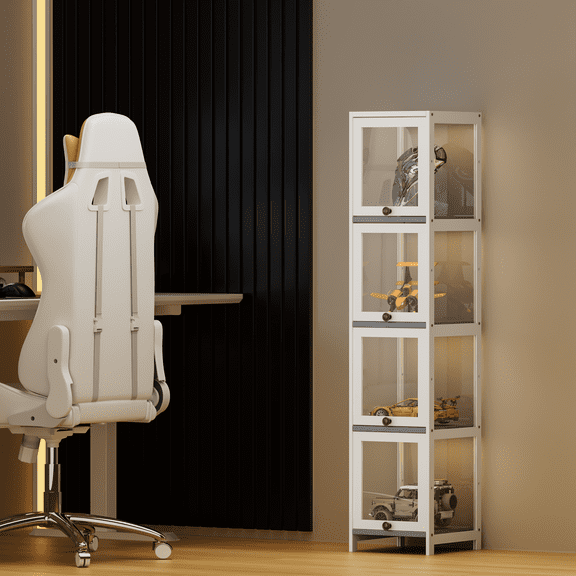 MoNiBloom Modern 55" 4-Tier Transparent Display Cabinet with Acrylic Flip Door, Curio Cabinet Collection Display Case, Floor Standing Showcase Bookshelf for Living Room Bedroom Home Office, White