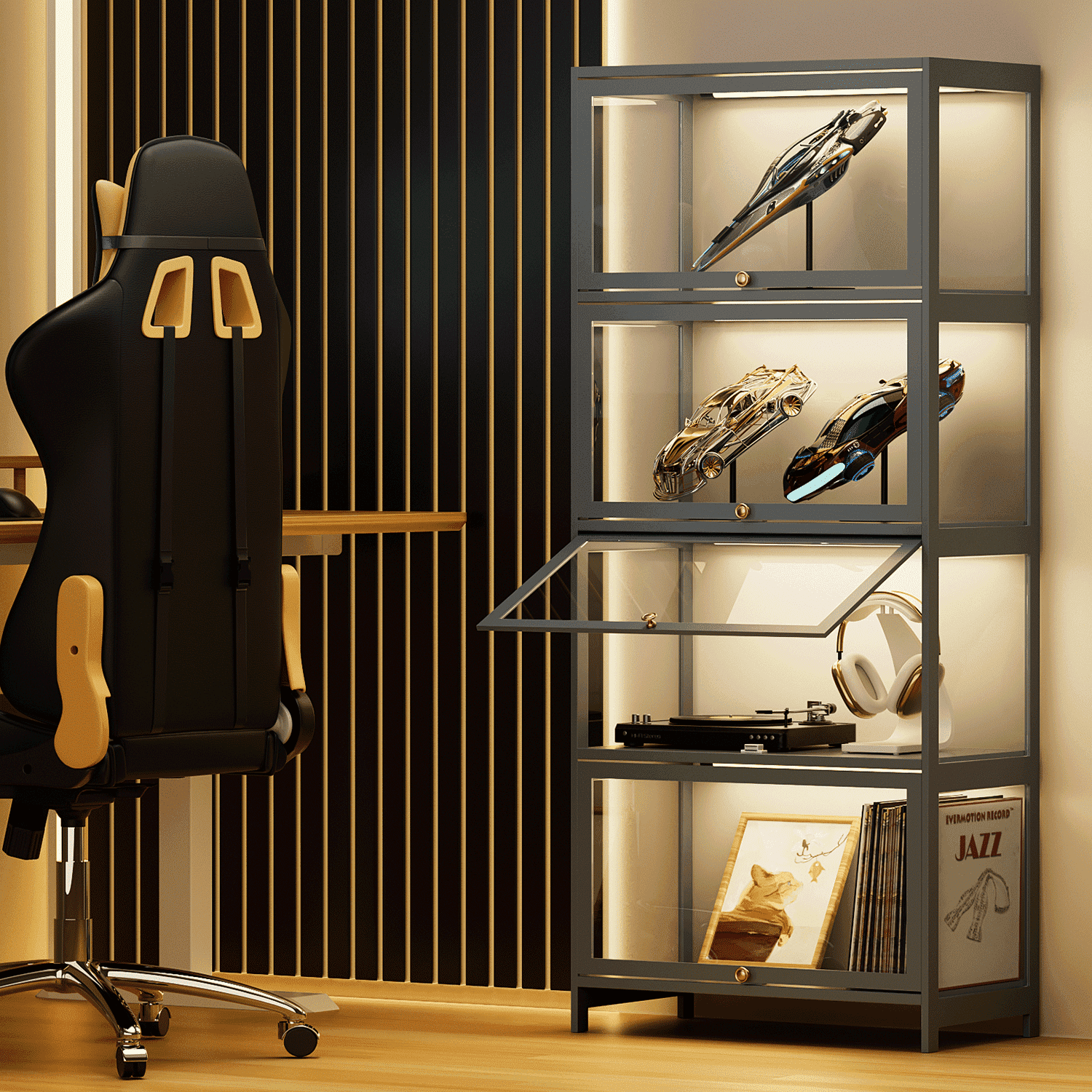 Modern Gray 4-Tier Bamboo and Acrylic Display Cabinet