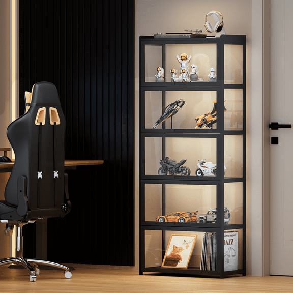 MoNiBloom Modern 68" 5-Tier Transparent Display Cabinet with Acrylic Flip Door, Curio Cabinet Collection Display Case, Floor Standing Showcase Bookshelf for Living Room Bedroom Home Office, Black