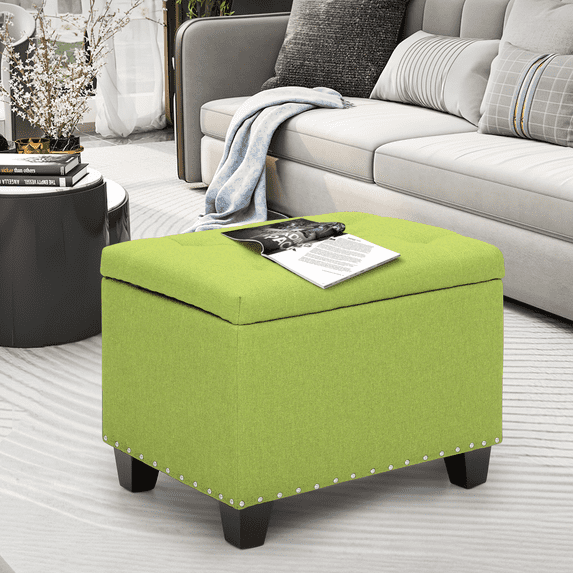 MoNiBloom Modern Microfiber Upholstered Square Ottoman with Wooden Legs, Button Tufted Storage Footrest Footstool for Living Room Bedroom, Green