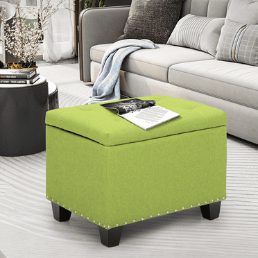 MoNiBloom Modern Microfiber Upholstered Square Ottoman with Wooden Legs, Button Tufted Storage Footrest Footstool for Living Room Bedroom, Green