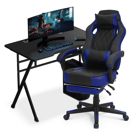 MoNiBloom Multifunctional Modern Computer Desk with Host Rack and Faux Leather High Back PC Racing Seat for Home Office