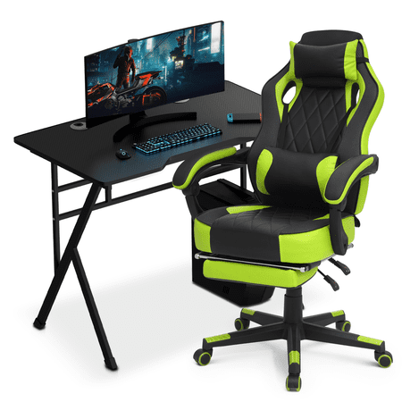 MoNiBloom Multifunctional Modern Computer Desk with Host Rack and Faux Leather High Back PC Racing Seat for Home Office