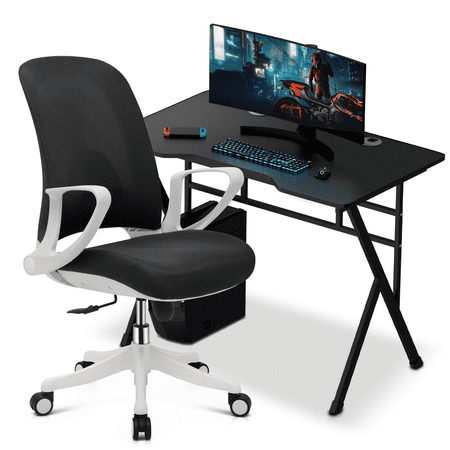 MoNiBloom Multifunctional Standing Laptop Table with Host Rack and Mesh Swivel Task Seat with Armrest for Home, Black