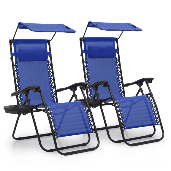 MoNiBloom Zero Gravity Chair Set of 2 with Canopy Shade, Patio Folding Anti Gravity Recliner, Foldable Outdoor Lounger with Cup Holder Tray for Beach Camping, Blue