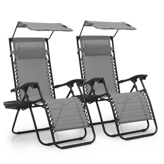 MoNiBloom Zero Gravity Chair Set of 2 with Canopy Shade, Patio Folding Anti Gravity Recliner, Foldable Outdoor Lounger with Cup Holder Tray for Beach Camping, Grey