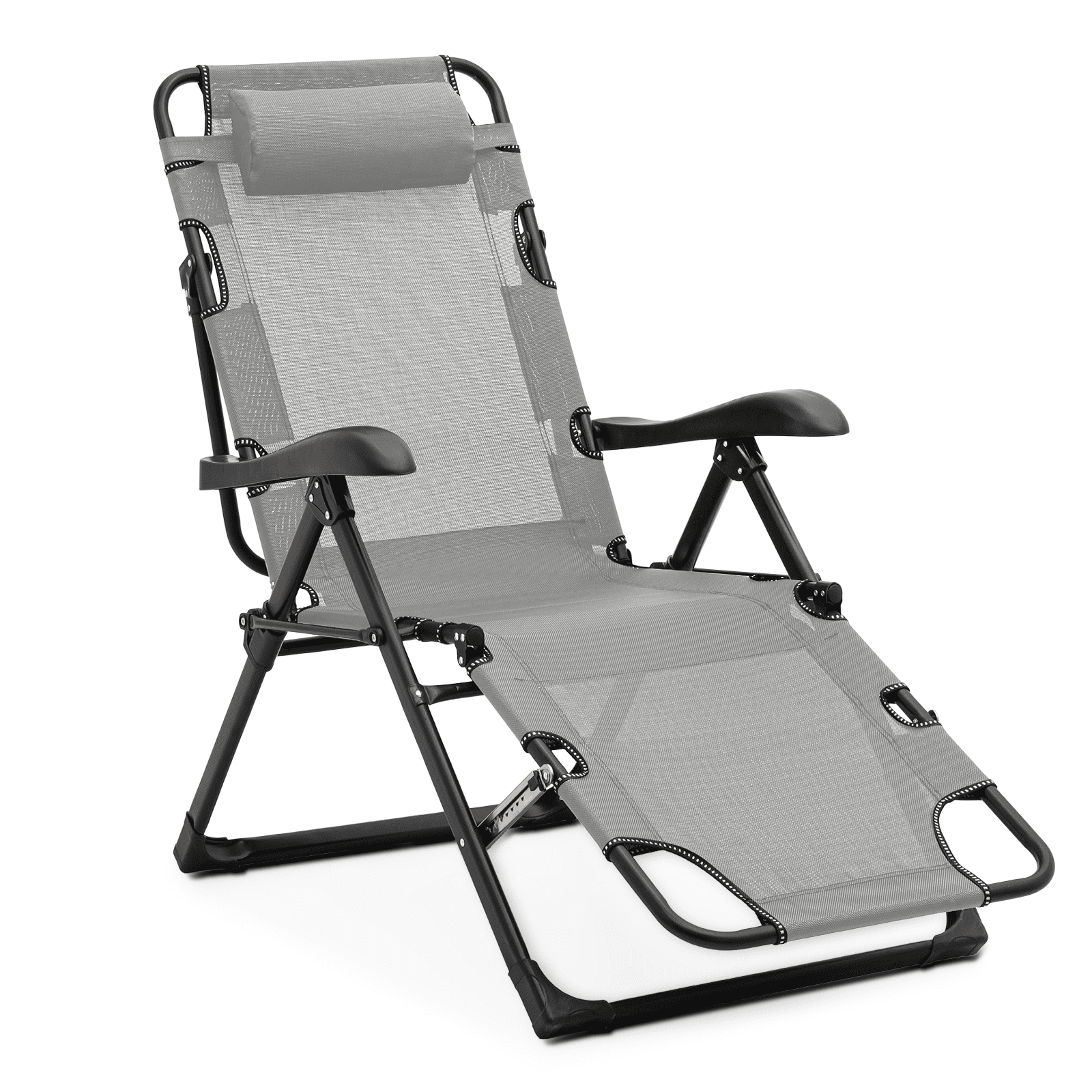 Gray Steel Frame Adjustable Outdoor Folding Lounge Chair with Headrest