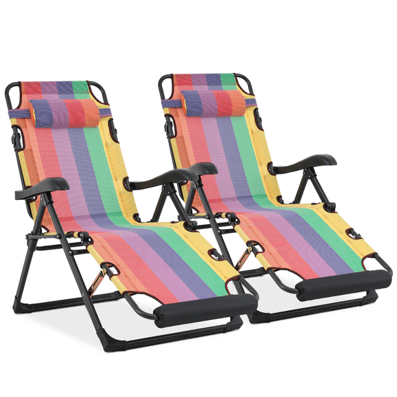 MoNiBloom Patio Chaise Lounge Chair Set of 2, Outdoor Folding Reclining Beach Lawn Lounger, with Adjustable Headrest & Foot Pads, Rainbow