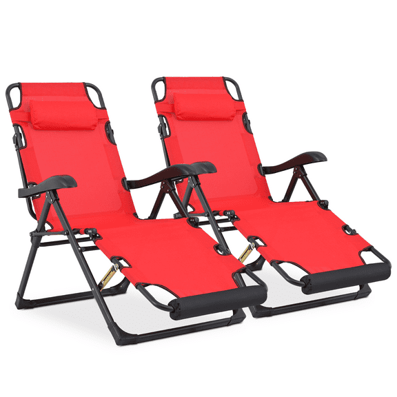 MoNiBloom Patio Chaise Lounge Chair Set of 2, Outdoor Folding Reclining Beach Lawn Lounger, with Adjustable Headrest & Foot Pads, Red