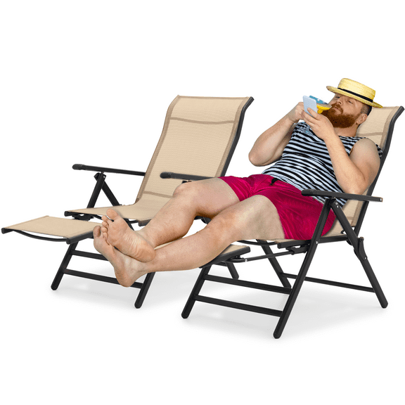 MoNiBloom Patio Chaise Lounge Chair Set of 2, Outdoor Folding Reclining Beach Lawn Lounger with Extendable Footrest, Cream
