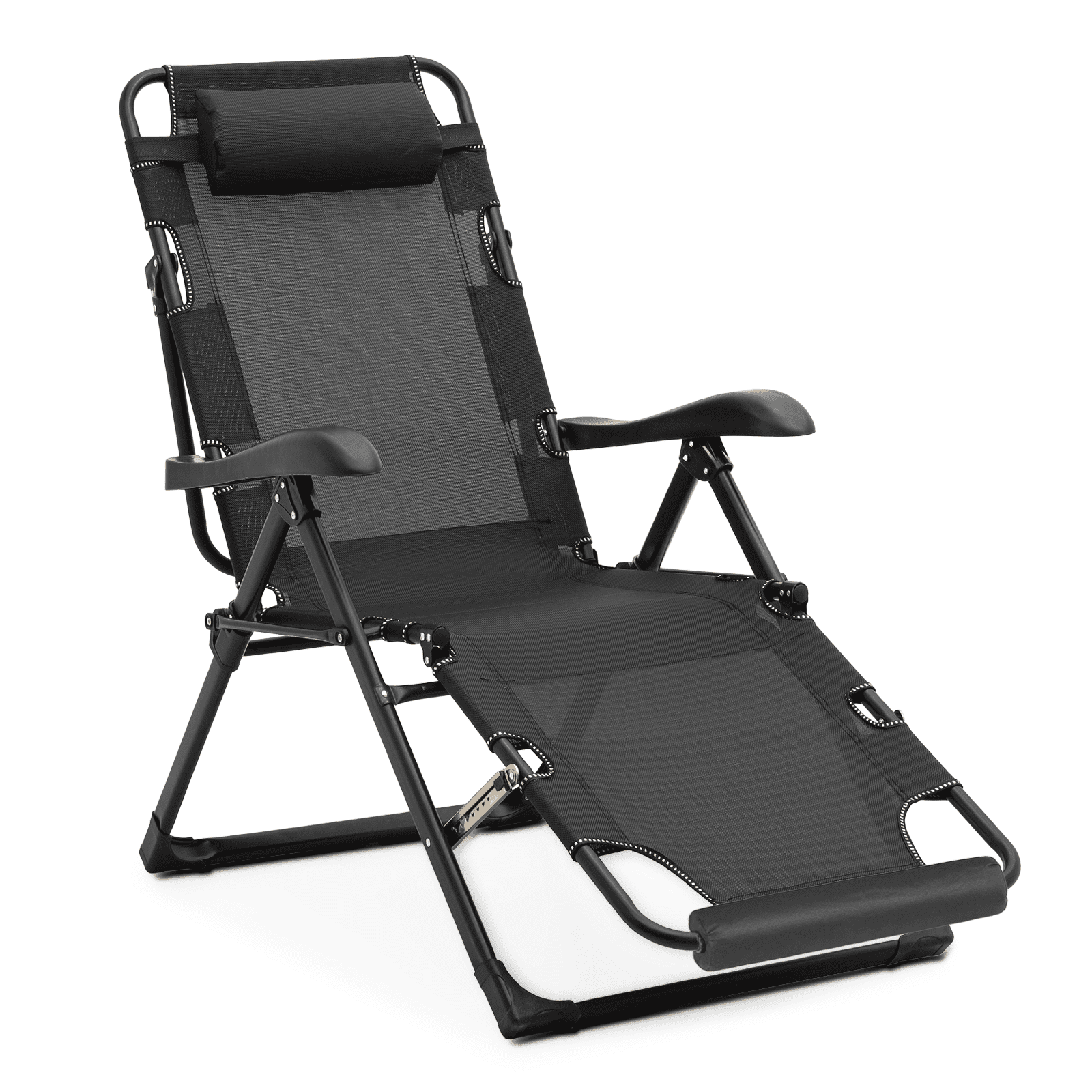 Black Powder Coated Steel Folding Chaise Lounge Chair with Foam Headrest