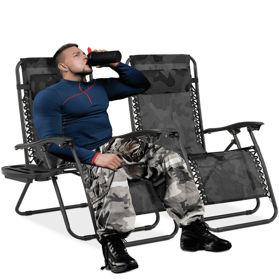MoNiBloom Patio Zero Gravity Chair Set of 2, Folding Adjustable Reclining Beach Lawn Lounger with Pillow and Cup Holder, Camouflage