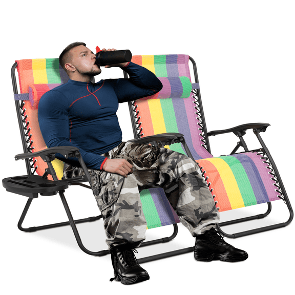 MoNiBloom Patio Zero Gravity Chair Set of 2, Folding Adjustable Reclining Beach Lawn Lounger with Pillow and Cup Holder, Rainbow