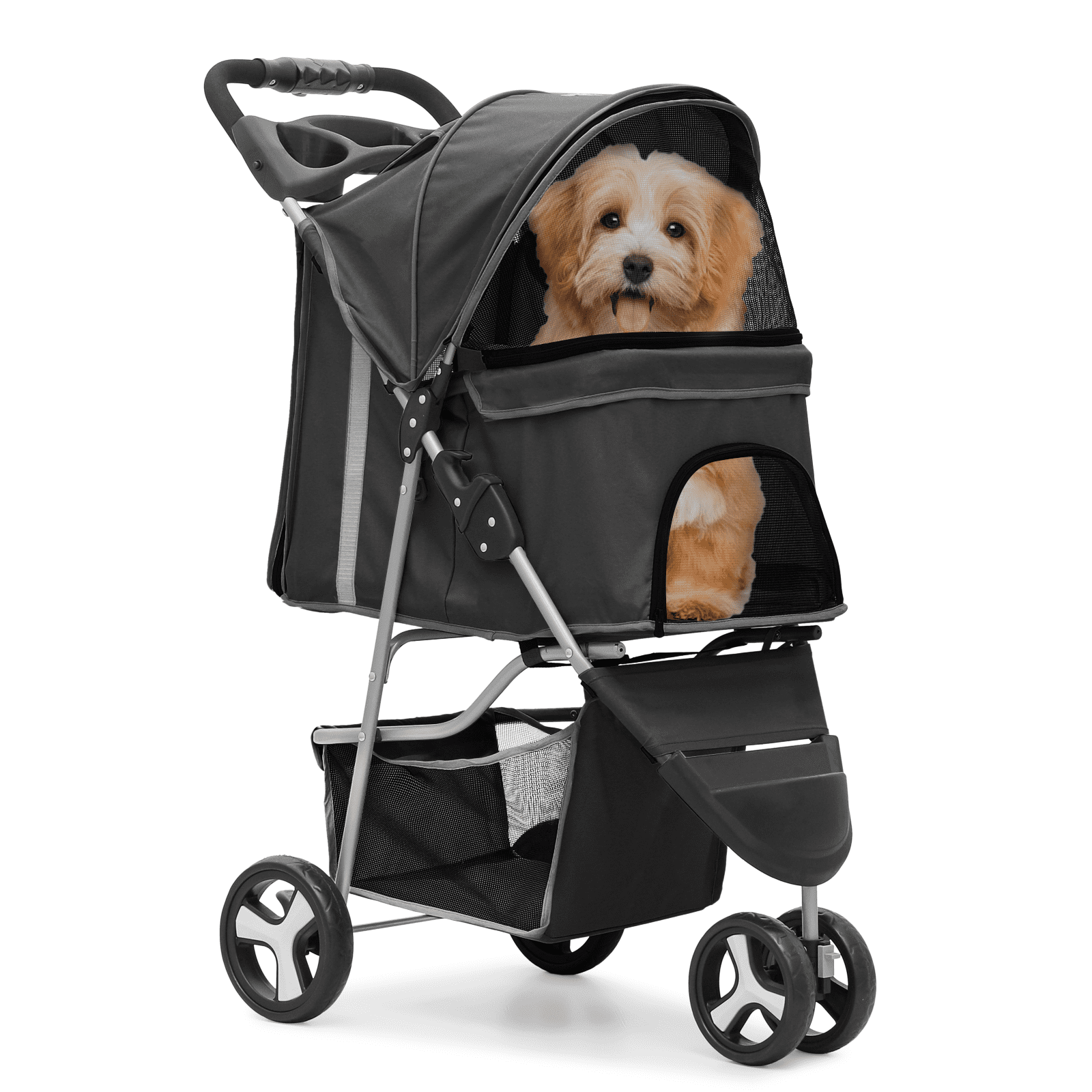 4 Wheel Folding Luxury Dog Stroller Cat Traveling Strolling Cart  Black/Silver