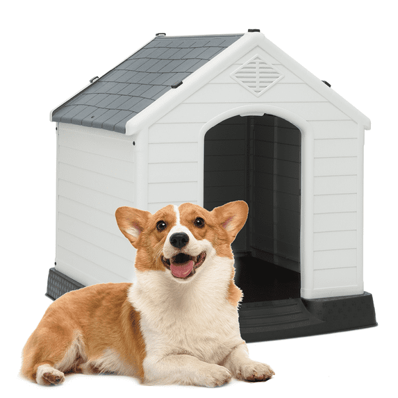MoNiBloom Plastic Dog House - Waterproof Dog Kennel with Air Vents and Elevated Floor All Weather Indoor Outdoor Insulated Doghouse Puppy Shelter, Easy to Assemble (Dark Gray, L29.5" W33.0" H32.5" )