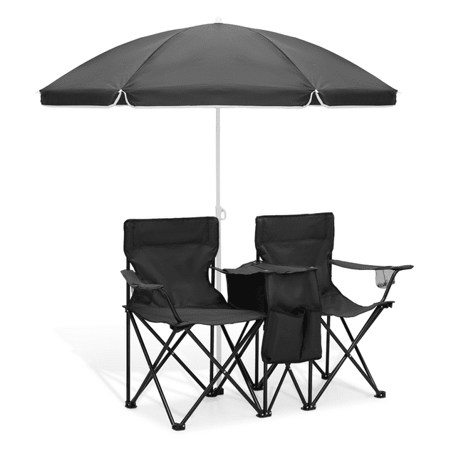 MoNiBloom Portable Double Folding Chair with Removable Umbrella, Cooler