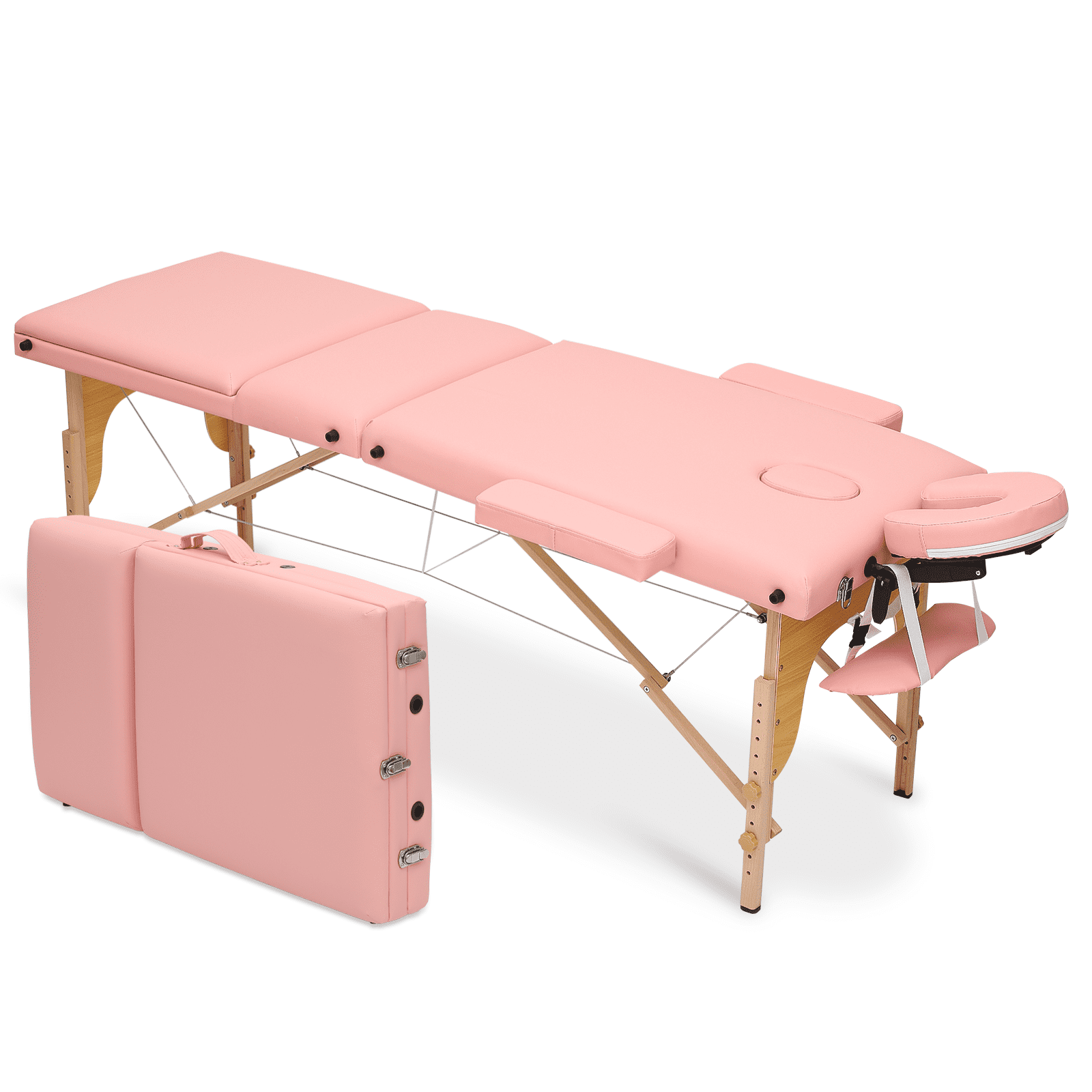 Pink Three-Fold Portable Wooden Massage Table with Adjustable Height